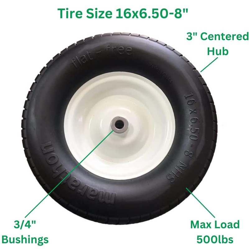 Marathon 16x6.50-8" Flat Free Tire on Wheel, 3" Hub, 3/4"