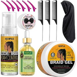 Strong Hold Extra Hold Braiding Gel & Edge Tamer - Tames Frizz, Smoothing Mousse for Twists, Locs, Braids, Cornrows (with Hair Oil, Hair Combs, Bonnet