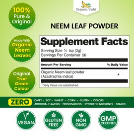 Organic Veda Neem Leaf Powder - Gentle Dried Organic Neem Leaves Powder - Herbal Supplement for Skin, Gut Cleanse & Immune Support - Non-GMO, Gluten-Free, Vegan – 4 oz