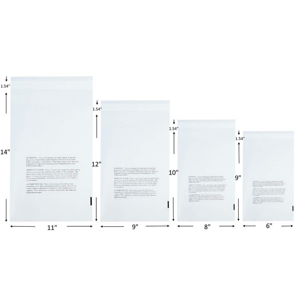Wowfit 400 CT Combo Pack- 6x9,8x10,9x12,11x14 inches Self Sealing Clear Poly Bags with Suffocation Warning, Strong Adhesive, Not Resealable, 400 Count, FBA compliant