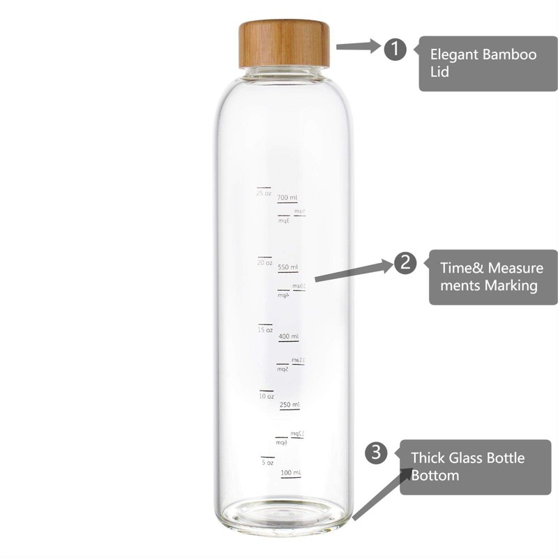 sunkey 32 oz Glass Water Bottle with Time Marker Bamboo