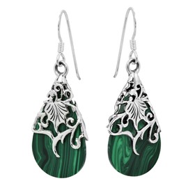 AeraVida Floral Vine Ornated Teardrop Green Malachite .925 Sterling Silver Earrings | Green Teardrop Earrings for Women | Sterling Teardrop Earrings | Gifts for Women