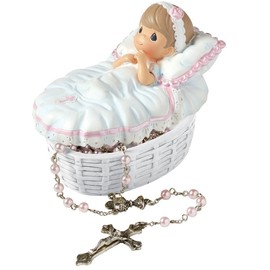 Precious Moments Baptized In His Name Resin Box with Rosary – Keepsake Baptism Gift for Baby Girl – Hand-Painted Religious Figurine, 153406