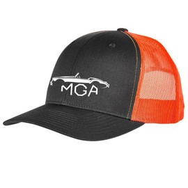 MG MGA Convertible British Sports Car Fully Embroidered Yupoong 6606 Snapback Trucker Fitted Cap Grey/Orange