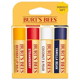 Burt's Bees Bálsamo labial, cera de abejas, fresa, coco y pera, y paquete de vainilla, con cera de abeja de origen responsable, sin tinte, tratamiento labial natural, 4 tubos, 0.15 oz.