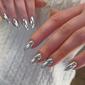White Sliver Chrome Press on Nails Medium Almond Nails Press ons Metallic Nails Glue on, Acrylic Nails Fake Nails for Women, Thick Shinny False Nails Glue on Nails Medium Length Stiletto Nails 24Pcs