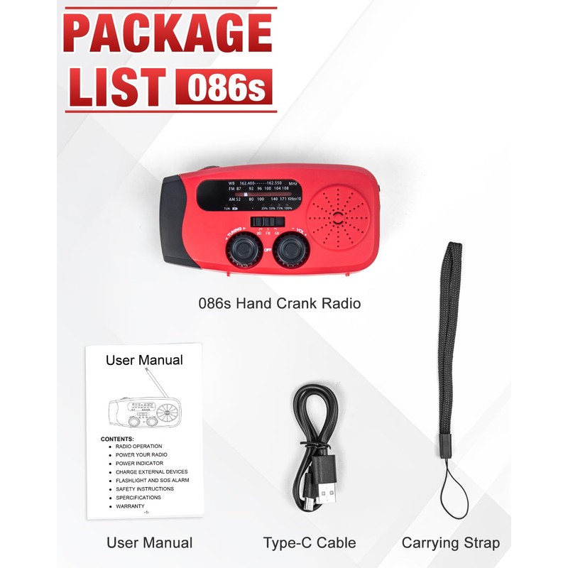 Emgykit 086S Hand Crank Emergency Radio - 2000mAh/7400mWh AM/FM/NOAA Solar