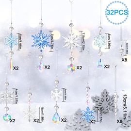 Pack of 32 Acrylic Icicle Snowflake Ice Drop Pendants, Christmas Tree Crystal Decorations, Christmas Tree, Christmas Tree Decoration, Crystal Snowflake for Christmas Tree Party