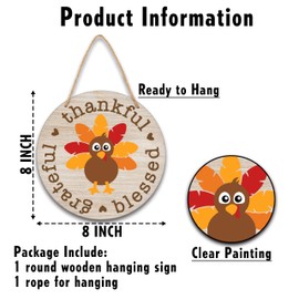 Thanksgiving Wooden Sign for Front Door Decor, Thanksgiving Gifts for Women Men, Fall Door Decorations Wall Art, 8" Round Plaque Hanging Door Sign for Home Party Supplies - A06