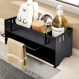 Sink Organiser for Kitchen & Bathroom | Self-Draining Sponge Holder Made of Carbon Steel | Sink Organiser with Removable Hooks | Keeps Brushes, Sponge & Soap Dry & Tidy (Small)