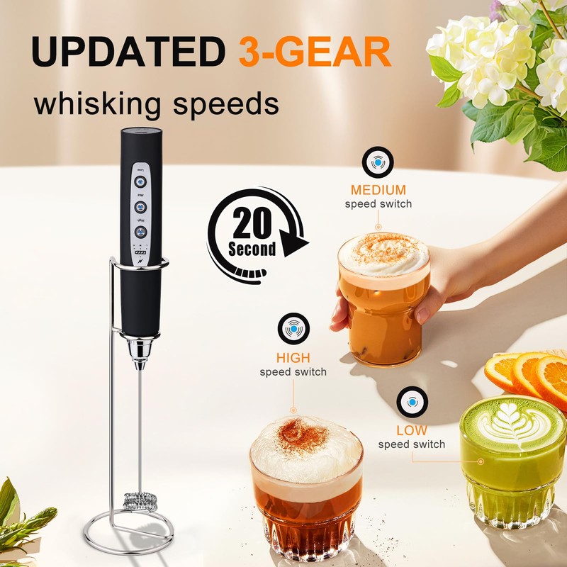 YUSWKO Black Handheld Milk Frother Wand with Stand for Coffee,