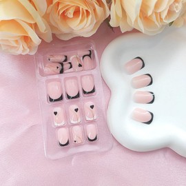 Press on Nails Short Square False Nails with Golden Glitter Lines Design Black Heart Glue on Nails Black White French Tip Fake Nails Glossy Nails Press ons for Girls 24Pcs