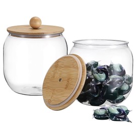 OGANAZI 2-Pack Clear Plastic Laundry Pod Containers with Bamboo Lids & Seal Rings – Airtight Detergent Storage Organizer for Laundry Room/Kitchen/Bathroom, Cylindrical Dishwasher Pods Container