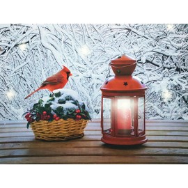 Cardinal On Basket & Lantern Winter Lighted Canvas Print - LED Wall Art Christmas Decoration - Measures 15.75" X 11.75"