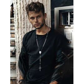 FaithHeart Catholic Rosary Beads Necklace for Boys Saint Christopher Pendant Stainless Steel Crucifix Cross Accessories Protective Gifts for Travellers Drivers