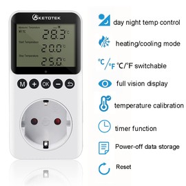 KETOTEK Socket Thermostat with Day Night Timer, Digital Temperature Controller Socket 230 V with Sensor, Heating, Cooling, Temperature Switch, Timer for Terrarium, Reptiles Incubator