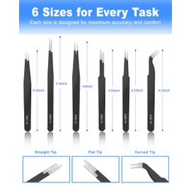 Anyongora Precision Tweezers Set, 6 Pcs ESD Anti-Static Stainless Steel Craft Tweezers for Jewelry, Electronics, Curved & Straight for Precision Tasks