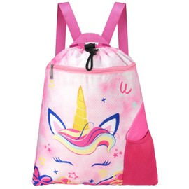 WAWSAM Kids Gym Drawstring Backpack Beach Bag, 38×45 cm Unicorn Sports Gym Bag for Girls Kids Swimming String Bag Shopping Yoga Sackpack Birthday Gift with Zippered Pocket and Bottle Pocket