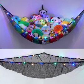 Unicorn Castle Stuffed Animals Net or Hammock Kids Toy Storage Organizer with LED Light Hanging Corner Stuffed Animals Holder Kids Girls Room Decor,Black,Large (Pack of 1)