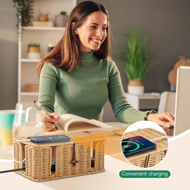 Handmade Cable Box, Rattan Cable Management Box, Under Desk Cable