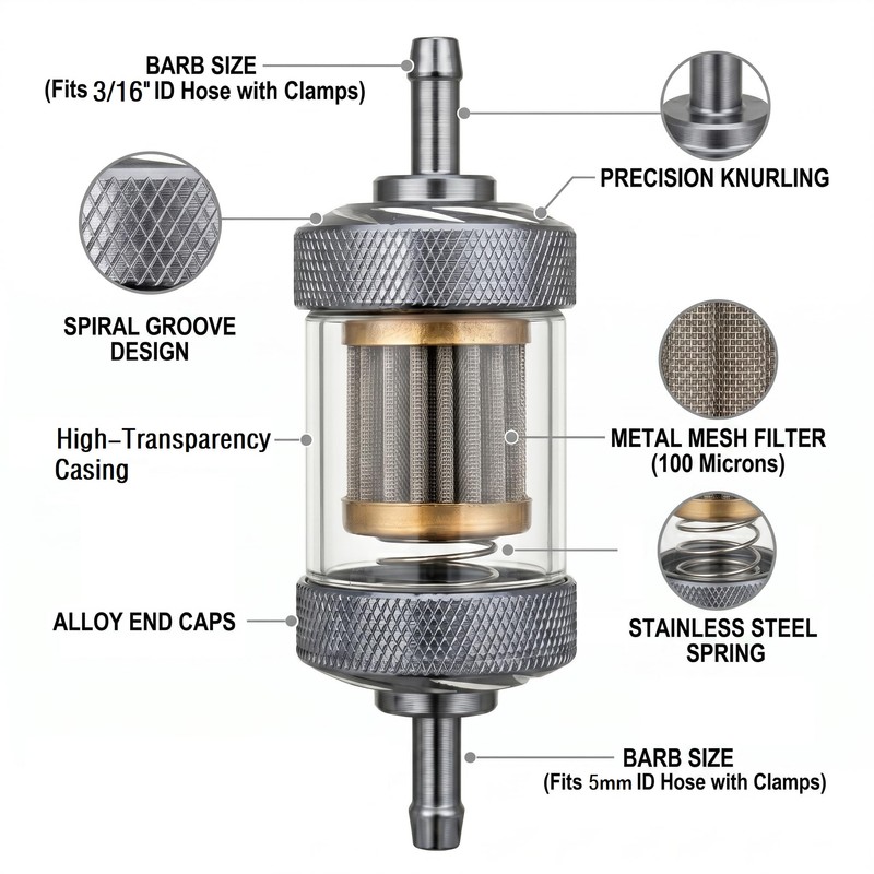 3/16" 6mm Universal Inline Fuel Filter, High Strength PC Clear