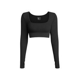 OQQ Women's Long-Sleeved Seamless Ribbed Top Fashion Leisure Sports Basic T-Shirt, black