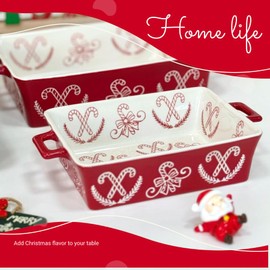 Domini Casserole Dishes for Oven, Ceramic Baking Dishes for Oven Set of 2, Lasagna Pan Deep, Baking Pan Set Square Casserole Dish Set with Handles for Baking, Pattern Red(11.4+8.5inch) Christmas
