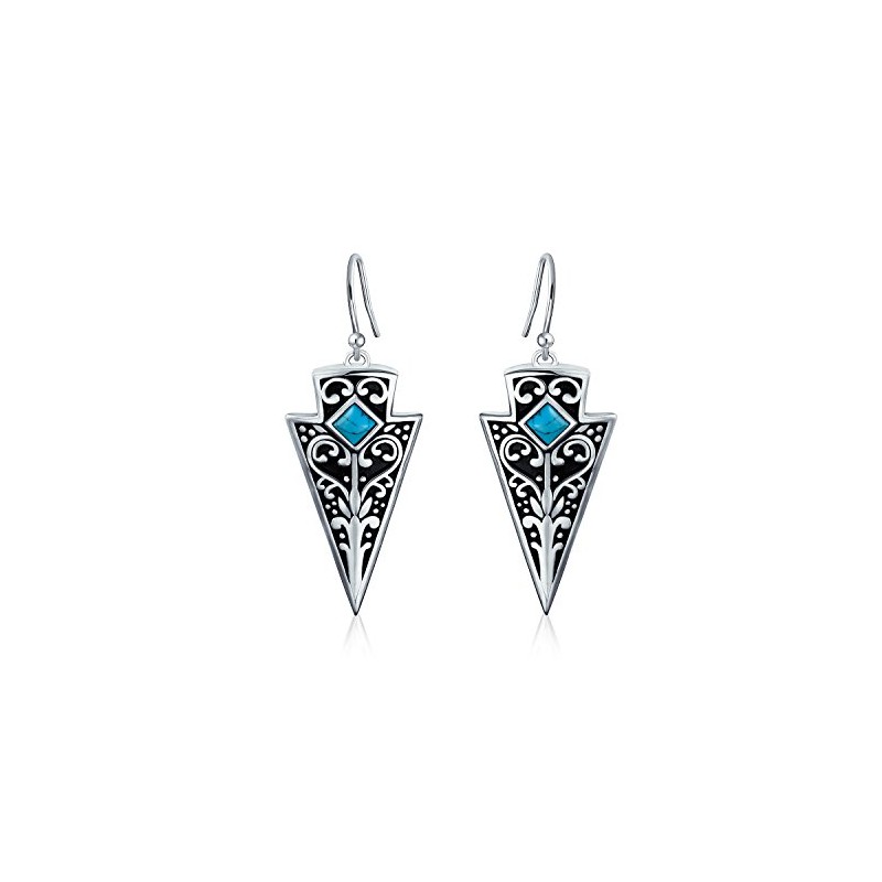 Bali Style Two Tone Oxidized Blue Bead Arrowhead Dangle Earrings