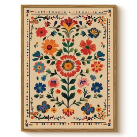 Vintage Floral Framed Canvas Wall Art 12x16 Colorful Flower Painting, Tropical Botanical Nature Boho Bright Vibrant Floral Print, Mexican Traditional Latin Bedroom Home Office Décor