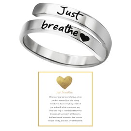 Bopiu Just Breathe Ring for Women, Stainless Steel Spiral Wrap Healing Rings, Adjustable Heart Ring, Inspirational & Heart felt Gift, Silver, No Gemstone