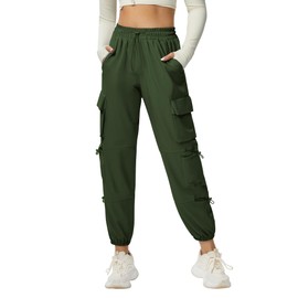 DLOODA Quick Dry Cargo Pants Lightweight Tactical Hiking Pants with 6 Pockets for Women, Elastic Waist and Water-Resistant Army Green