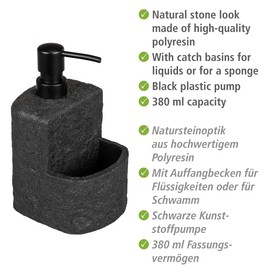 WENKO Detergent Dispenser Mod. Festival Refillable Soap Dispenser Stone Look for Kitchen with Compartment for Washing Up Sponge 380 ml 10.5 x 18 x 11 cm Black