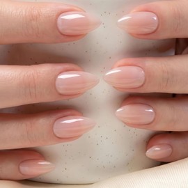 Medium Short Almond Press On Nails, Chrome Pink Fake Nails, Glossy Soap Nails, Natural Reusable Glue On Nails, Minimalist Acrylic Stick On Nails for Women Daily Wear Office, 24PCS