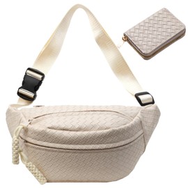 Woven PU Leather Fanny Packs for Men and Women, Stylish Shoulder Sling Crossbody Purse Adjustable Strap, Unisex Bum Waist Bags for Festival Travel Shopping Outdoor (White, Large)