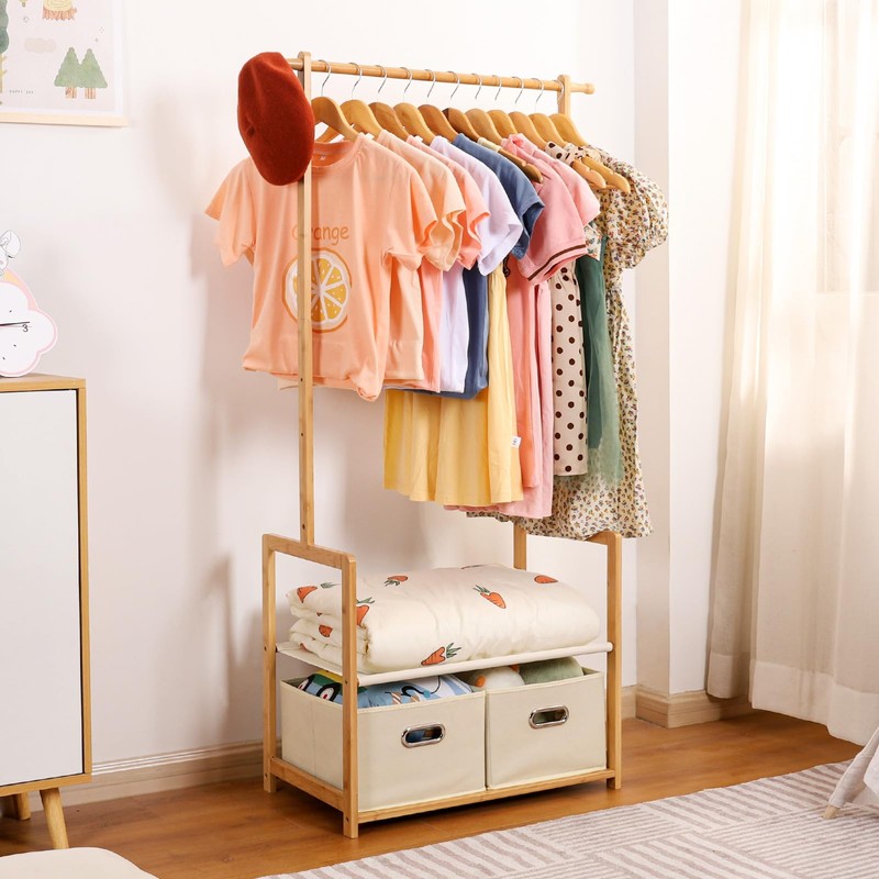 Vilaxing Kids Clothing Rack Bamboo with 2 Storage Baskets and