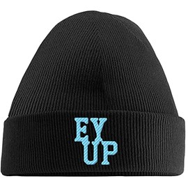Hippowarehouse Ey up Embroidered Beanie Hat Black with Baby Blue Stitch