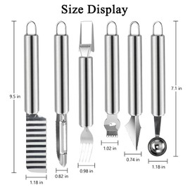 6 Pcs Stainless Steel Fruit Carving Knife Set, Kitchen Fruit Carving Knife, Watermelon and Ice Cream Scoop, 2-in-1 Dig Pulp Separator Fruit Peeling Tool, Crinkle Knife and Lemon Zester Grater
