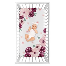 Sweet Jojo Designs Burgundy Watercolor Floral Girl Fitted Crib Sheet Baby or Toddler Bed Nursery Photo Op - Blush Pink, Maroon, Wine, Rose, Green and White Shabby Chic Flower Farmhouse