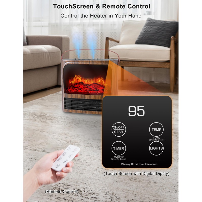 Electric Fireplace Heater with 3D Realistic Flame, Humidifier, Thermostat, Safety