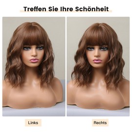testar 14 Inch Brown Wavy Bob Wigs with Fringe for Women Short Curly Honey Brown Wig Women's Wig Synthetic Wig for Daily Use Colourful Cosplay Wig