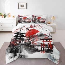 jejeloiu Japanese-Style Comforter Set Queen Size Kids Cherry Blossoms Building Bedding Set for Boys Girls Sunset Fuji Mountain Decor Spring Sakura Flower Duvet Quilt Room Decor