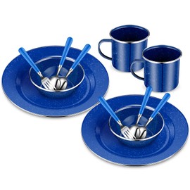 Nuogo 12 Pcs Enamel Camping Tableware Set Camping Complete Dinnerware Kit Coffee Mugs Plates Bowls Camping Utensils Set with Knife Fork Spoon for 2 People Hiking Picnic, Blue