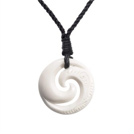 81stgeneration Double Koru Men's Bone Necklace with Engravings - Hand Carved Bone Pendant - Maori Style Accessory - Round Spiral Surfer Necklaces - Hawaiian Necklace for Women - Natural Jewellery