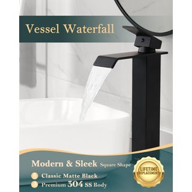 ​​KUZOR Matte Black Tall Waterfall Vessel/Bowl Sink Faucet – Single Hole 304 Stainless Steel Bathroom Faucet with Metal Pop-Up Drain, High Arc Spout for Modern Vanities​