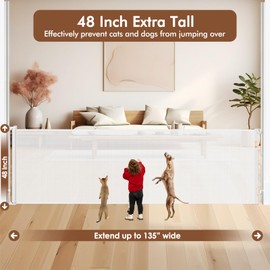 48" Tall X 135" Extra Wide Retractable Gates for Large Openings, Tall Baby Gates for Doorways Extra Tall Dog Gates Long Mesh Pet Gate Large Child Gate- Upgraded Height to Prevent Jumping Over, White