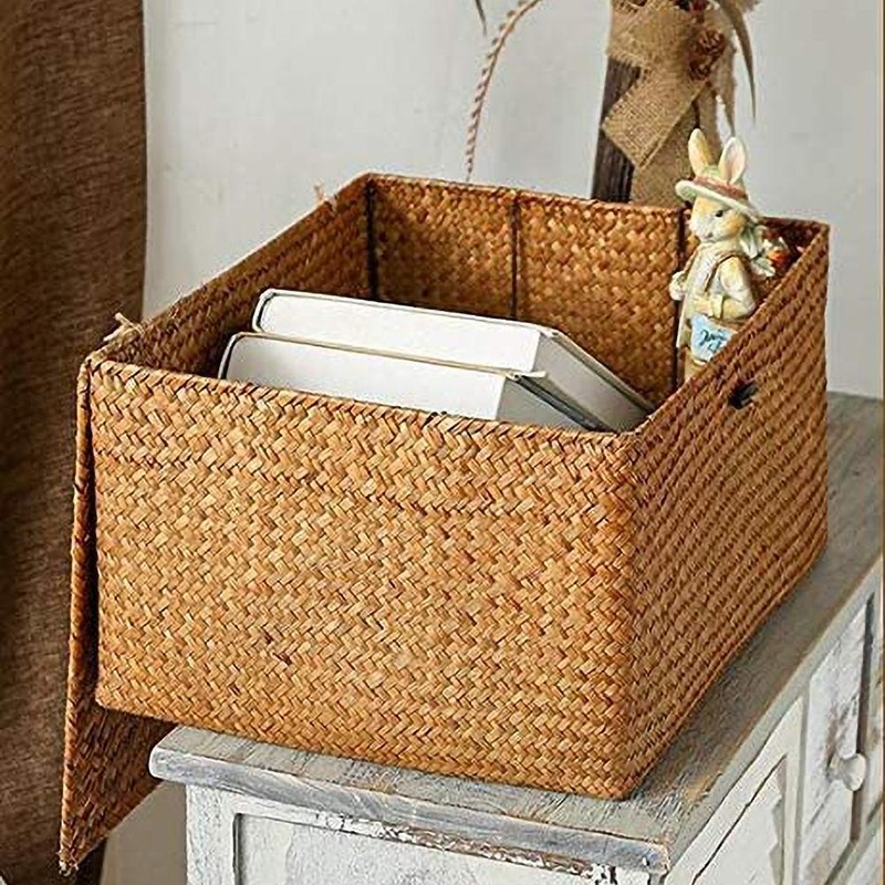 Seagrass Storage Basket Woven Storage Box with Lids Makeup Organizer