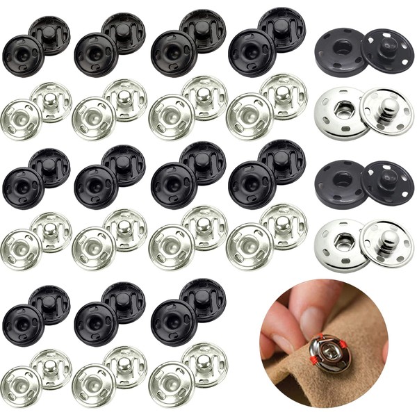 VEGCOO 40 Sets Metal Snap Button in Black and Silver Sew on Snaps Fasteners Press Studs Snaps for Clothes Sewing Purse Handbag Craft DIY Supplies (15mm)