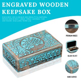 Wooden Box - Keepsake Box With Lid - Memory Box For Keepsake - Tree of Life - Crystal kit Box for Keeping Stones, Engraved Design, Jewelry Box, Trinket Box - Sky Blue