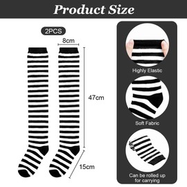 Alaoo Women's Knee High Socks, Thin Stripe Women Extra Long Thigh High Socks, Casual Striped Knee Thigh for Daily Wear, Cosplay, Carnival, Masquerade (Black and White)