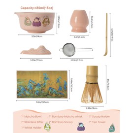 Matcha Whisk Set,7 Pcs Pink Matcha Kit with Ceramic Bowl,Bamboo Whisk & Holder,Scoop,Rest,Sifter and Tea Towel–Japanese Tea Set for Matcha Lovers